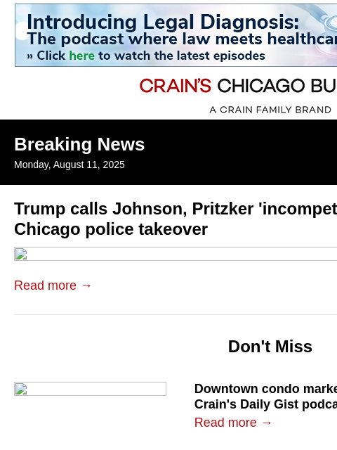 crainalerts newsletter: Trump threatens Chicago police takeover