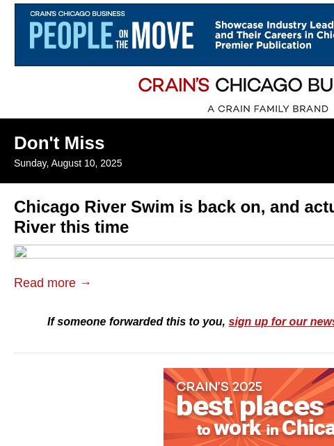 crainalerts newsletter: Chicago River finally hosts its namesake swim