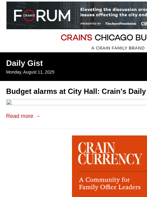crainalerts newsletter: Budget alarms at City Hall: Crain's Daily Gist pod...