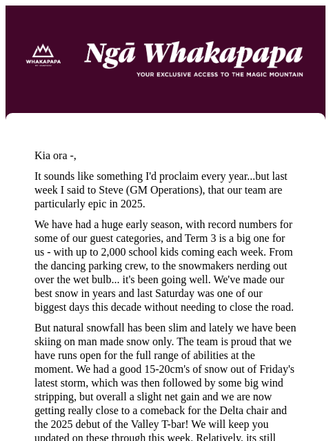 whakapapa newsletter: Your maunga update -  11 Aug 2025