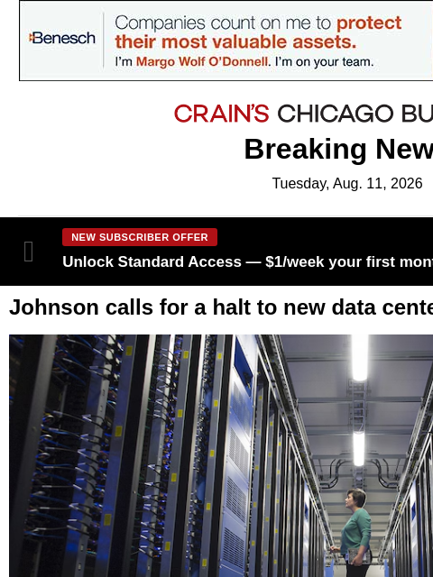 crainalerts newsletter: Johnson calls for halt to new data center developm...