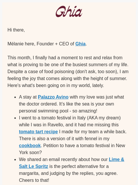 drinkghia newsletter: A Note From Mélanie