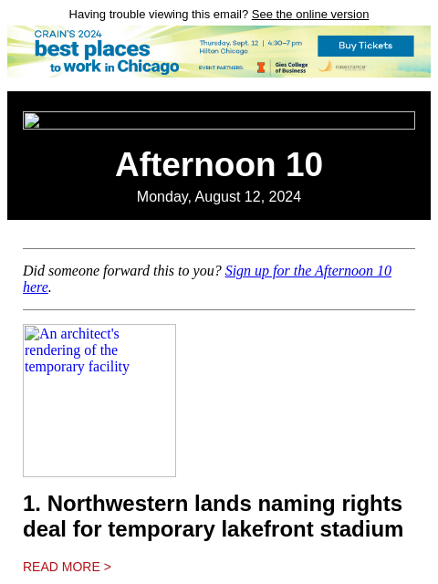 Having trouble viewing this email? See the online version Afternoon 10 Monday, August 12, 2024 Did someone forward this to you? Sign up for the Afternoon 10 here. An architect's rendering of the