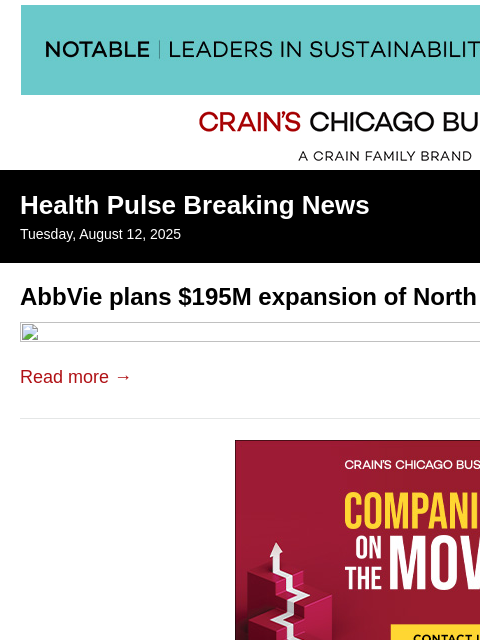 crainalerts newsletter: AbbVie plans $195M expansion of North Chicago plan...