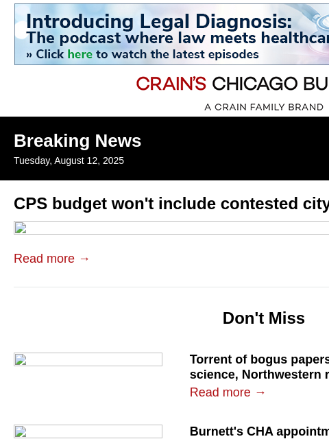 crainalerts newsletter: CPS budget won't include city pension payment