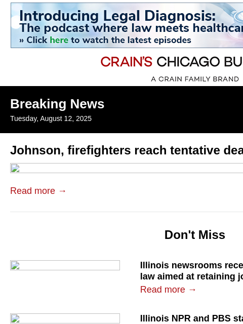 crainalerts newsletter: Johnson, firefighters reach deal after 4-year stan...