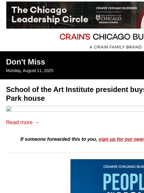 crainalerts newsletter: SAIC president buys Lincoln Park home