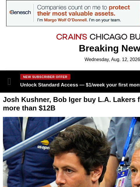 crainalerts newsletter: Guggenheim's Walter sells LA Lakers to Kushner, Ig...