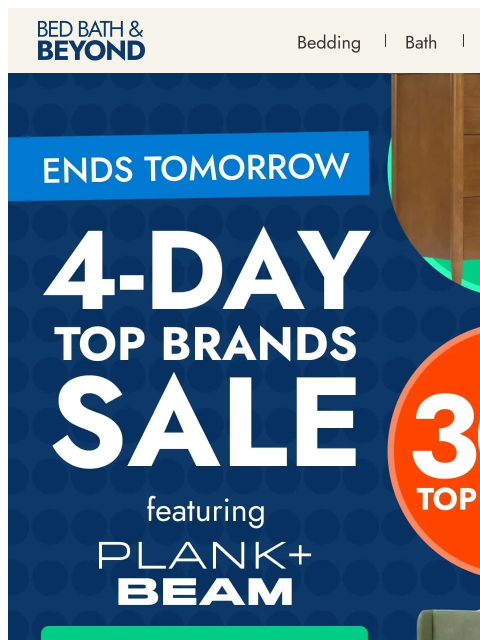 bedbathandbeyond newsletter: 30% off Plank & Beam furniture