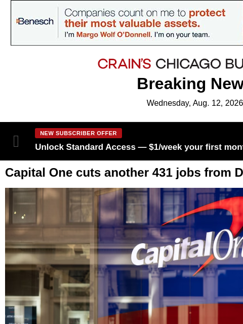 crainalerts newsletter: Capital One cuts 400 more Discover jobs