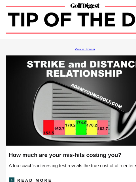 A top coach's interesting test reveals the true cost of mis-hit shots GolfDigest View in Browser The Strike Plan How much are your mis-hits costing you? A top coach's interesting test reveals