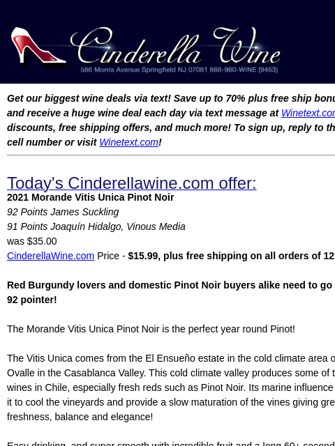 winelibrary newsletter: 2021 Morande Vitis Unica Pinot Noir (92 JS, 91 VM)...