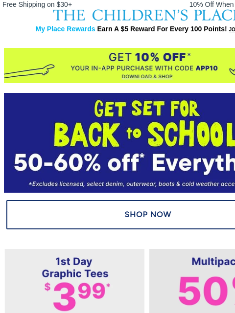 childrensplace newsletter: (LIMITED TIME) 50-60% off ENTIRE SITE + $15 Backpa...