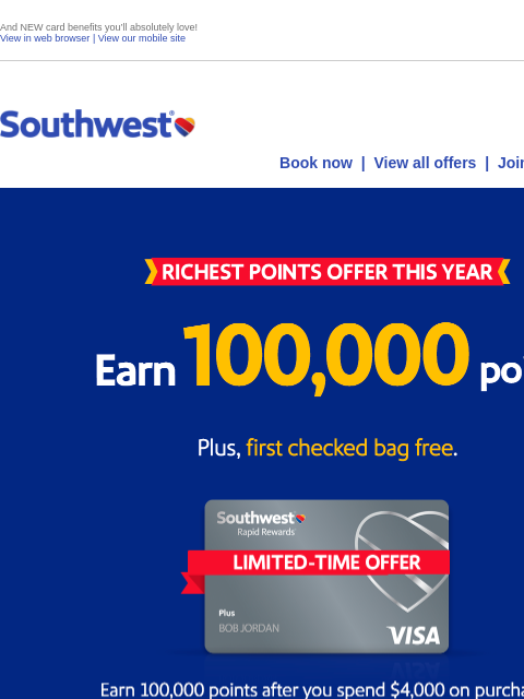 southwest newsletter: Limited-time offer! Earn 100,000 points and first ...