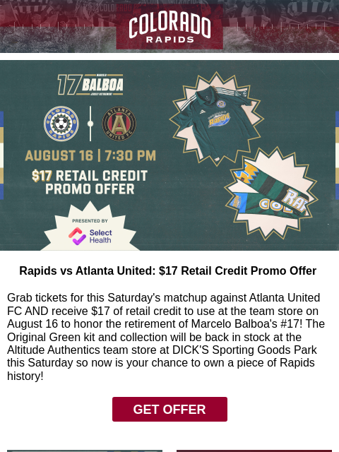 thecoloradorapids newsletter: Rapids vs Atlanta United: $17 Retail Credit Promo ...