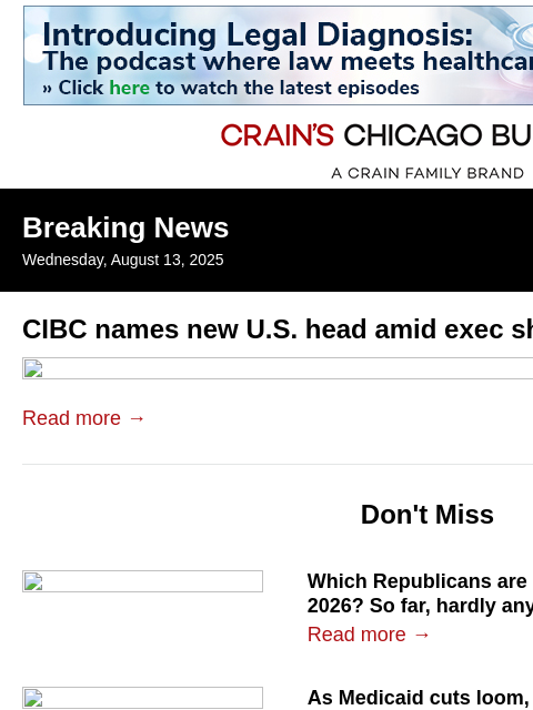 crainalerts newsletter: CIBC names new U.S. head amid exec shakeup