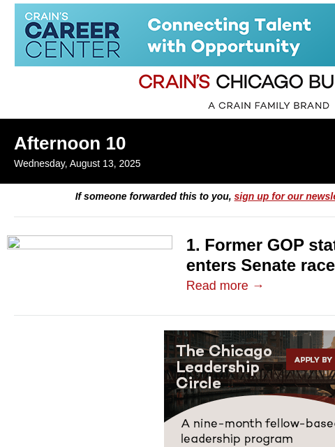 crainalerts newsletter: Ex-GOP chair launches Senate bid