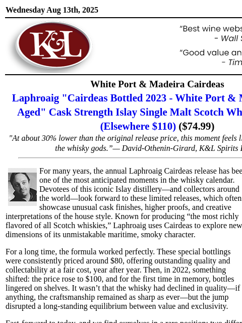 klwines newsletter: “A Small Gift from the Whisky Gods”  —Exciting Lap...