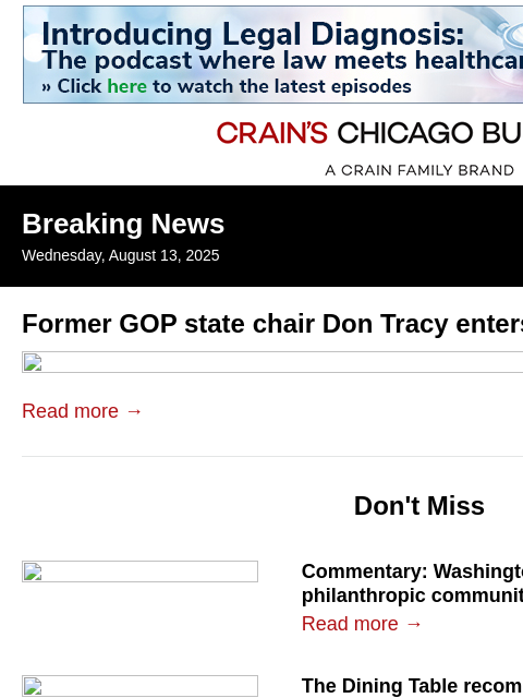 crainalerts newsletter: Former GOP state chair enters Senate race