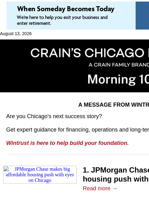 crainalerts newsletter: ​JPMorgan makes big affordable housing push