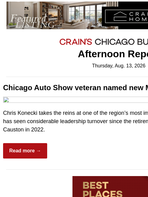 crainalerts newsletter: McCormick Place gets 4th GM in 4 years