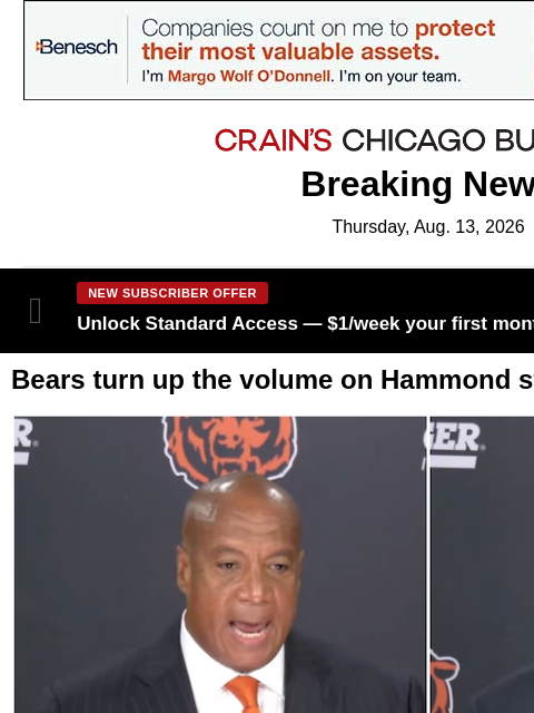 crainalerts newsletter: Bears turn up volume on Hammond stadium push