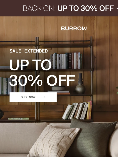 burrow newsletter: BACK ON: Up to 30% off