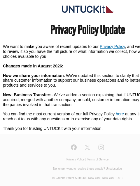 untuckit newsletter: Updates to Our Privacy Policy