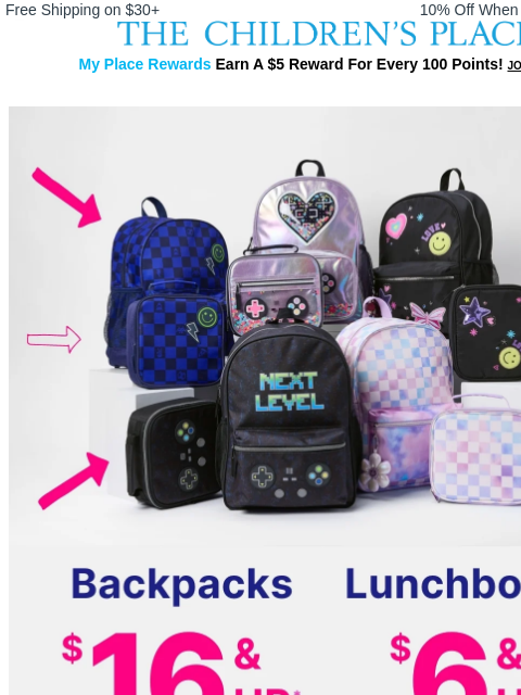childrensplace newsletter: LIMITED TIME: $16 Backpacks & $6 Lunchboxes