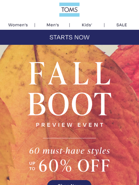 toms newsletter: Take up to 60% Off! Boot Season Starts NOW