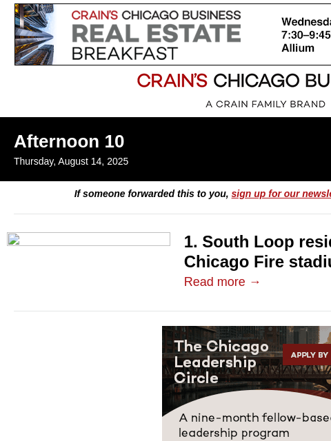 crainalerts newsletter: South Loop debates Fire stadium