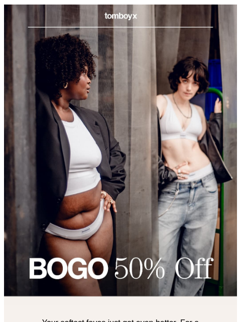 tomboyx newsletter: BOGO 50% off all Bamboo Rib 🖤