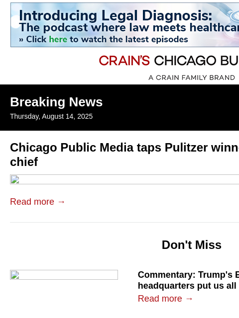 crainalerts newsletter: Chicago Public Media names new editor-in-chief