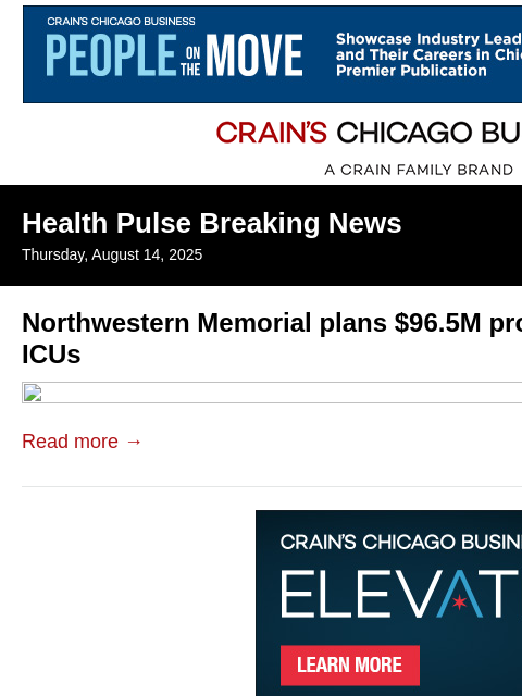 crainalerts newsletter: Northwestern Memorial wants to build ICU bridge