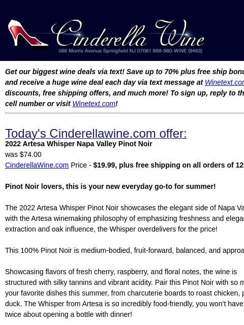 winelibrary newsletter: 2022 Artesa Whisper Napa Valley Pinot Noir. Free S...