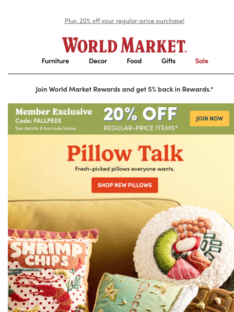 emailworldmarket newsletter: JUST IN: fall’s most adorable pillows 🍫🍵🦐