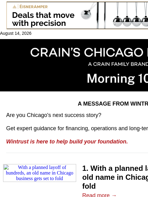 crainalerts newsletter: A Chicago institution nears the end