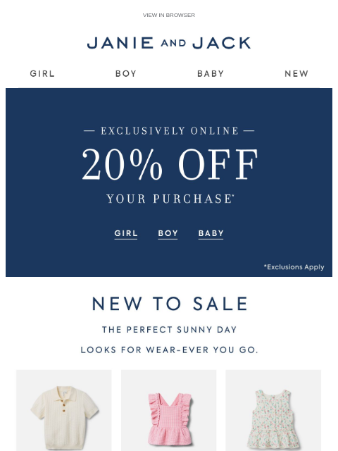 janieandjack newsletter: Shop the event: 20% off + up to 60% off sale