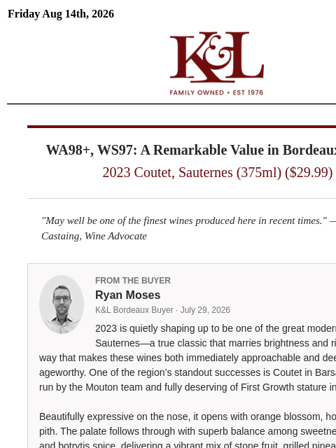 klwines newsletter: 98+ Point Sauternes Landmark: 2023 Coutet