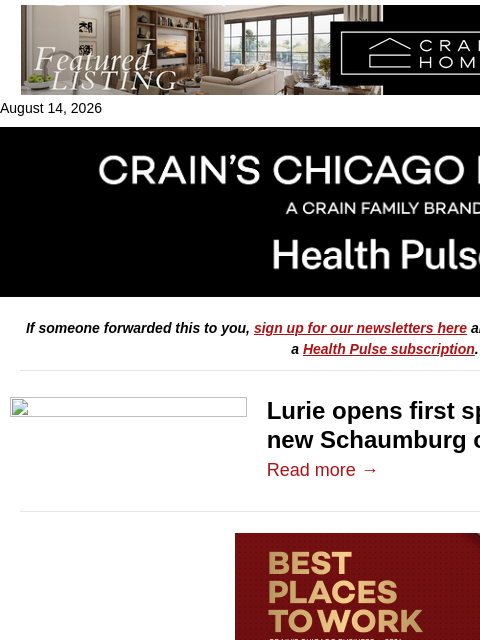 crainalerts newsletter: Lurie gets into specialty pharmacy game