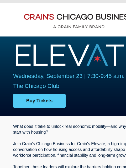 crainliveevents newsletter: Join us for Crain’s Elevate: Economic Mobility Sta...