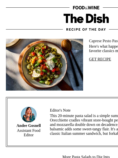 foodandwine newsletter: Caprese Pesto Pasta Salad