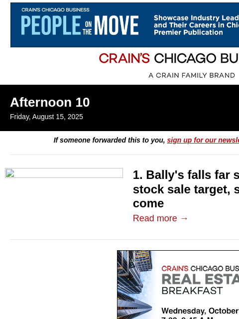 crainalerts newsletter: Bally's casino stock sale falls short