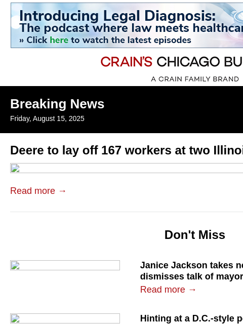 crainalerts newsletter: Deere to lay off 167 workers at two Illinois facto...