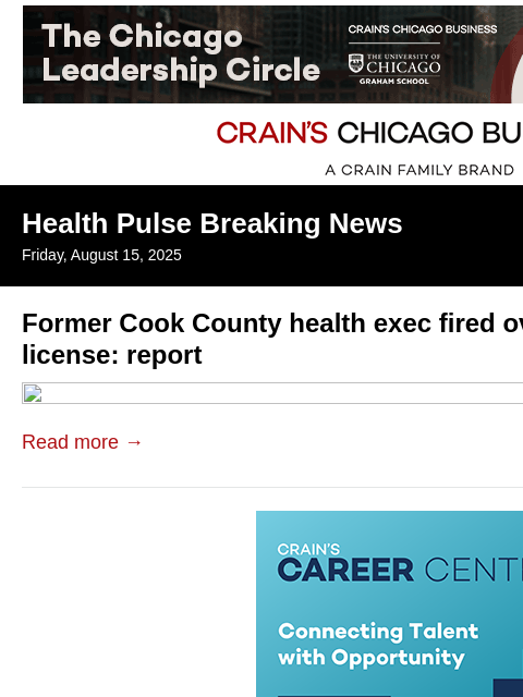 crainalerts newsletter: Ex-Cook County health exec fired over expired lice...
