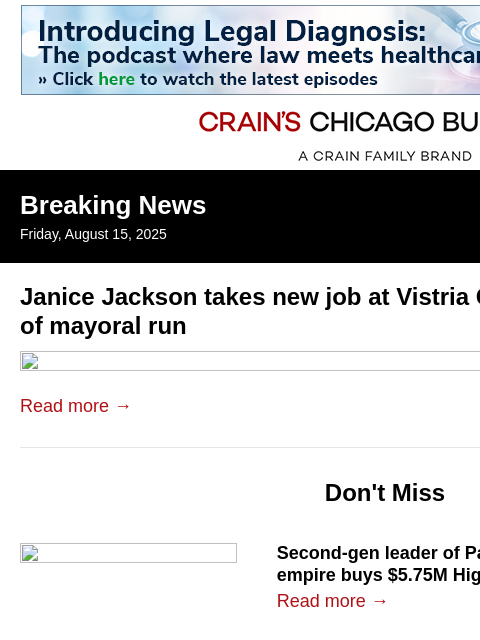crainalerts newsletter: Janice Jackson joins Vistria Group