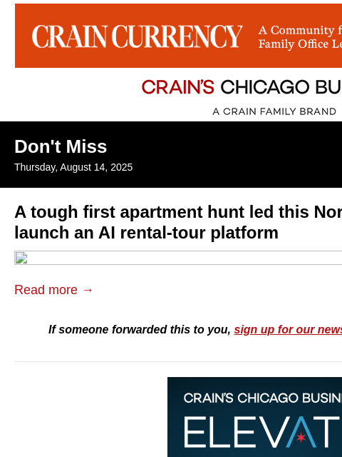 crainalerts newsletter: Northwestern dropout launches AI rental-tour platf...