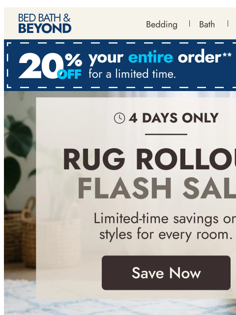 bedbathandbeyond newsletter: Up to 70% off at the Rug Rollout Flash Sale!