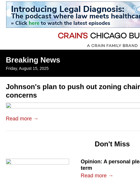 crainalerts newsletter: Johnson plans zoning board overhaul