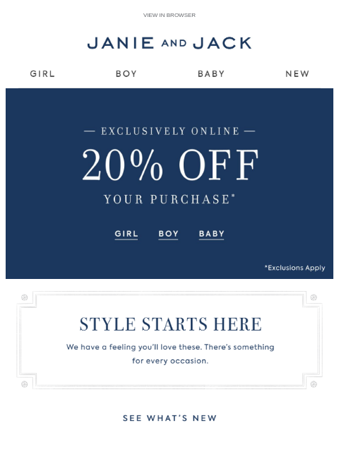 janieandjack newsletter: Style starts with 20% off sitewide